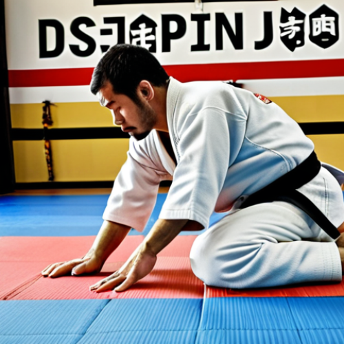 Home 24 **Discipline in Judo Training**: Create an image of a focused judo practitioner on the mat, demonstrating a technique with precision. The atmosphere should convey commitment and discipline, with a training dojo background that showcases trophies and motivational quotes on the walls.