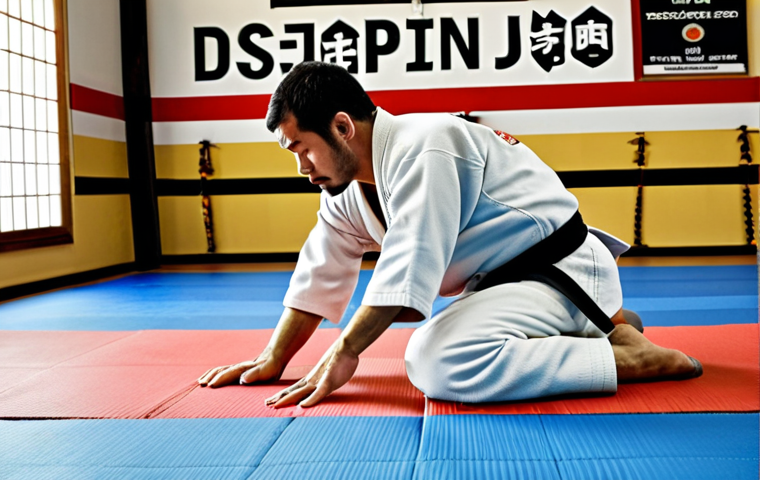 **Discipline in Judo Training**: Create an image of a focused judo practitioner on the mat, demonstrating a technique with precision. The atmosphere should convey commitment and discipline, with a training dojo background that showcases trophies and motivational quotes on the walls.