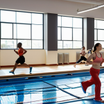 **Prompt:** A brightly lit, modern gym interior featuring a diverse group of athletes engaging in active recovery: light jogging, stretching, and swimming in a pool. The scene is clean and motivational, showcasing a healthy lifestyle after a Judo workout. Soft, diffused lighting emphasizes the athletes' relaxed expressions and promotes a sense of well-being. The environment includes modern workout equipment and a refreshing water cooler station.