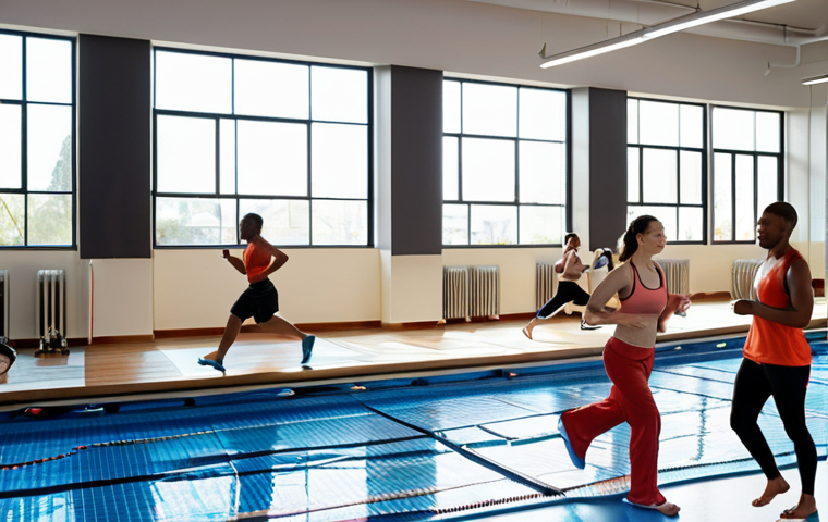 **Prompt:** A brightly lit, modern gym interior featuring a diverse group of athletes engaging in active recovery: light jogging, stretching, and swimming in a pool. The scene is clean and motivational, showcasing a healthy lifestyle after a Judo workout. Soft, diffused lighting emphasizes the athletes' relaxed expressions and promotes a sense of well-being. The environment includes modern workout equipment and a refreshing water cooler station.