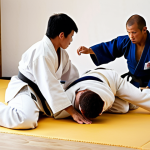 **Image:** A Judo dojo with a sensei (coach) demonstrating a technique to students.
    **Prompt:** "A well-lit Judo dojo, Sensei demonstrating a Judo technique with focused students. Capture the respect and discipline of Judo training. Authentic Judo gi. Dynamic lighting. Focus on skill and tradition."