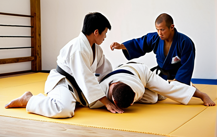 **Image:** A Judo dojo with a sensei (coach) demonstrating a technique to students.
**Prompt:** "A well-lit Judo dojo, Sensei demonstrating a Judo technique with focused students. Capture the respect and discipline of Judo training. Authentic Judo gi. Dynamic lighting. Focus on skill and tradition."