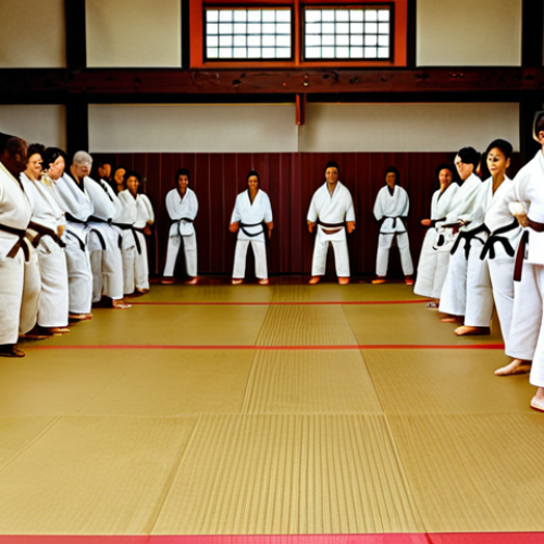 Home 10 **
A vibrant Judo dojo with a diverse group of people training. A qualified instructor demonstrates a technique, while students practice with focus and determination. The atmosphere is positive and supportive. Show good technique and respect.
**