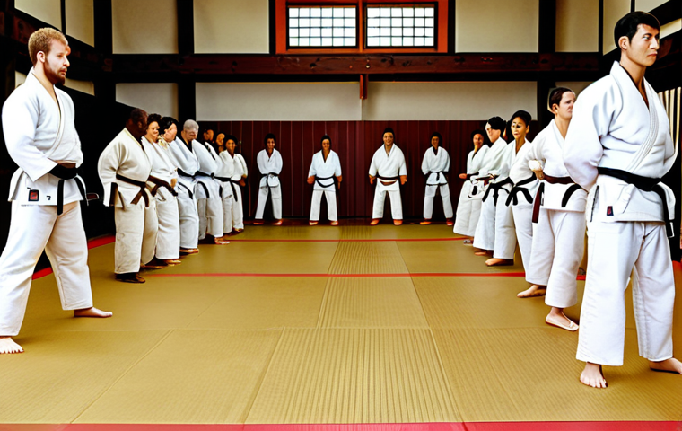 **
A vibrant Judo dojo with a diverse group of people training. A qualified instructor demonstrates a technique, while students practice with focus and determination. The atmosphere is positive and supportive. Show good technique and respect.
**