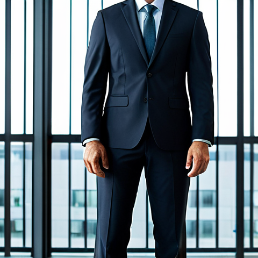A professional individual in a modest, dark business suit, standing gracefully with perfect posture, demonstrating balanced weight distribution in a bright, modern corporate office. The scene captures the individual from the waist up, focusing on their upright stance and natural pose. Well-formed hands are clasped lightly in front. The background is a clean, minimalist office interior with large windows offering a soft, diffused light. fully clothed, appropriate attire, safe for work, appropriate content, professional, correct proportions, perfect anatomy, natural body proportions, professional photography, high resolution, crisp details.