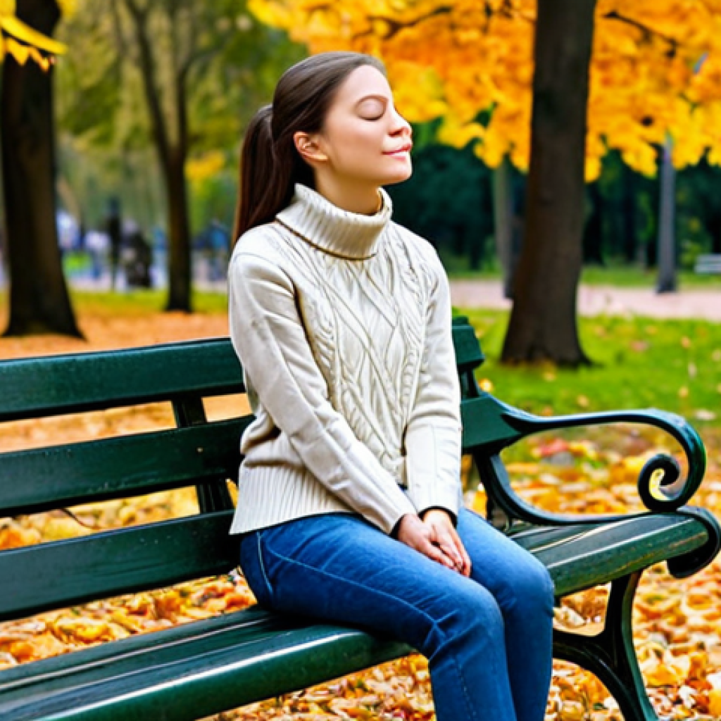 Mindful Moment in a Park**

"A woman in a comfortable, fully clothed outfit (jeans and a sweater), sitting on a park bench in autumn, eyes closed, taking a deep breath. Colorful fall leaves are scattered around. The scene conveys peace and tranquility. Focus on a serene expression. Safe for work, appropriate content, professional photography, perfect anatomy, natural proportions, well-formed hands, proper finger count, natural pose, fully clothed, modest attire, family-friendly."

**