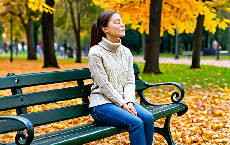 Mindful Moment in a Park**

"A woman in a comfortable, fully clothed outfit (jeans and a sweater), sitting on a park bench in autumn, eyes closed, taking a deep breath. Colorful fall leaves are scattered around. The scene conveys peace and tranquility. Focus on a serene expression. Safe for work, appropriate content, professional photography, perfect anatomy, natural proportions, well-formed hands, proper finger count, natural pose, fully clothed, modest attire, family-friendly."

**