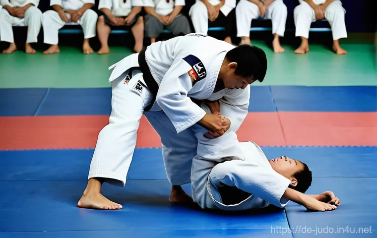 유도 경기에 필요한 심판 규정 - **A highly detailed image of a pre-competition Judogi inspection in a brightly lit, modern Judo aren...
