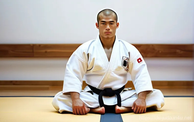 유도 수련의 정신적 이점 - **Prompt for Concentration and Mindfulness:**
    "A male judoka, approximately 30 years old, stands...