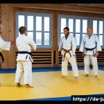 Home 18 유도와 국제 교류 활동 - **Prompt 1: International Judo Training and Cultural Exchange**
"A dynamic scene inside a modern...