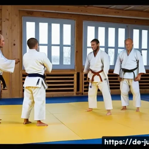Home 30 유도와 국제 교류 활동 - **Prompt 1: International Judo Training and Cultural Exchange**
"A dynamic scene inside a modern...