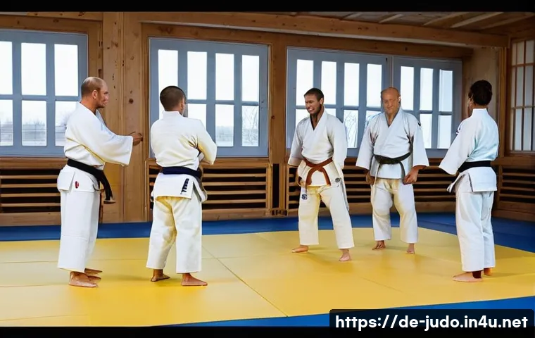 유도와 국제 교류 활동 - **Prompt 1: International Judo Training and Cultural Exchange**
    "A dynamic scene inside a modern...
