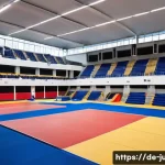 Home 16 유도 경기장의 특징 - A high-quality judo competition area inside a modern German sports hall, featuring an 8x8 meter tata...