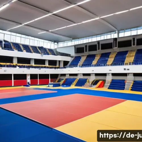 Home 28 유도 경기장의 특징 - A high-quality judo competition area inside a modern German sports hall, featuring an 8x8 meter tata...