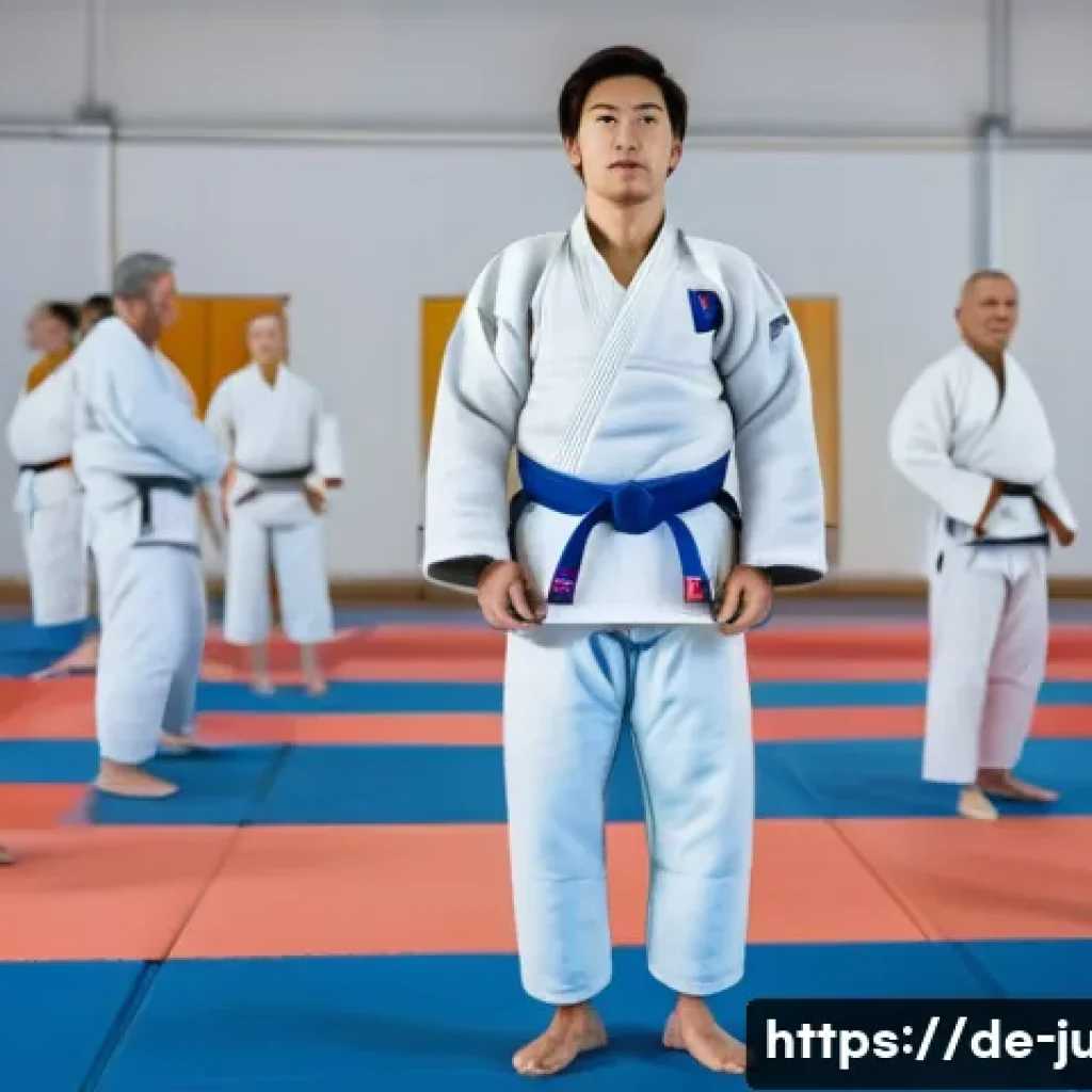 유도 겨울철 훈련 팁 - A group of adult judo practitioners warming up indoors in a well-lit training hall during winter, dr...