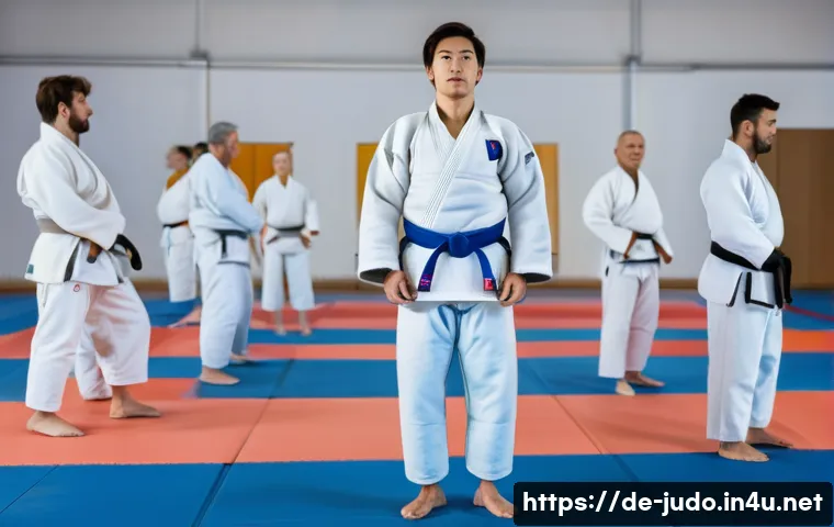 유도 겨울철 훈련 팁 - A group of adult judo practitioners warming up indoors in a well-lit training hall during winter, dr...