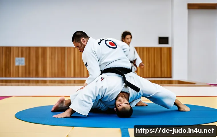 유도 훈련 프로그램의 중요성 - A dynamic judo training scene in a modern German dojo, featuring two adult judokas practicing Seoi-n...