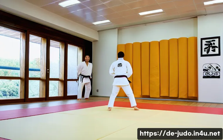 유도 훈련 동영상 활용법 - A high-quality training scene inside a modern judo dojo in Germany, showing a diverse group of adult...