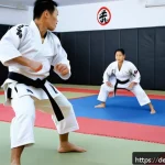 Home 22 유도 스킬 업그레이드 팁 - A detailed scene of two adult judoka engaged in a gripping technique during a competitive match in a...