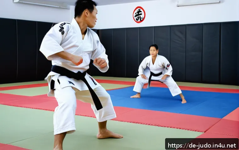 유도 스킬 업그레이드 팁 - A detailed scene of two adult judoka engaged in a gripping technique during a competitive match in a...