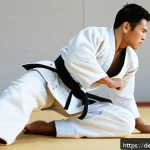 Home 21 유도 유명 선수 인터뷰 - A high-resolution image of a professional male judo athlete in a modern dojo, wearing a clean white ...