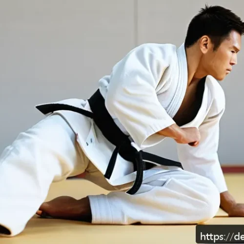 Home 33 유도 유명 선수 인터뷰 - A high-resolution image of a professional male judo athlete in a modern dojo, wearing a clean white ...