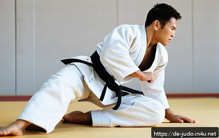 유도 유명 선수 인터뷰 - A high-resolution image of a professional male judo athlete in a modern dojo, wearing a clean white ...