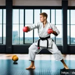 Home 20 유도 대회 준비 팁 - A male judoka in his mid-20s performing explosive plyometric exercises in a modern gym setting, wear...