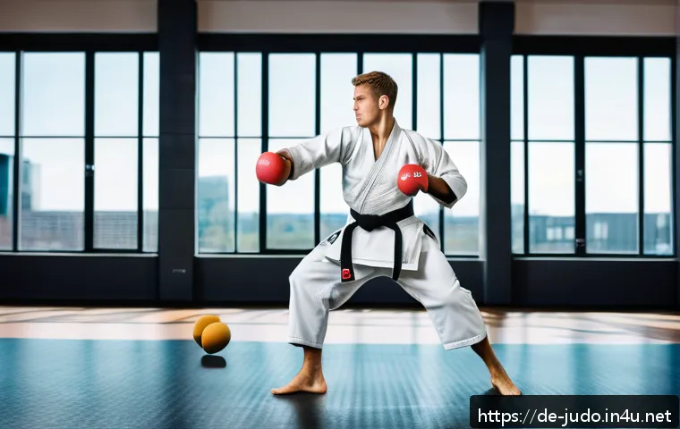 유도 대회 준비 팁 - A male judoka in his mid-20s performing explosive plyometric exercises in a modern gym setting, wear...