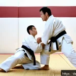 Home 19 유도 발 기술의 종류 - A detailed dynamic scene of two adult judokas practicing the O-goshi hip throw in a traditional dojo...