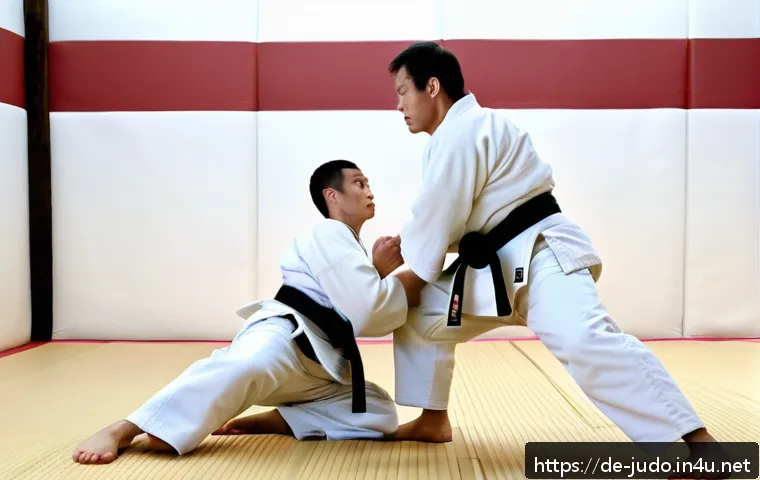 유도 발 기술의 종류 - A detailed dynamic scene of two adult judokas practicing the O-goshi hip throw in a traditional dojo...