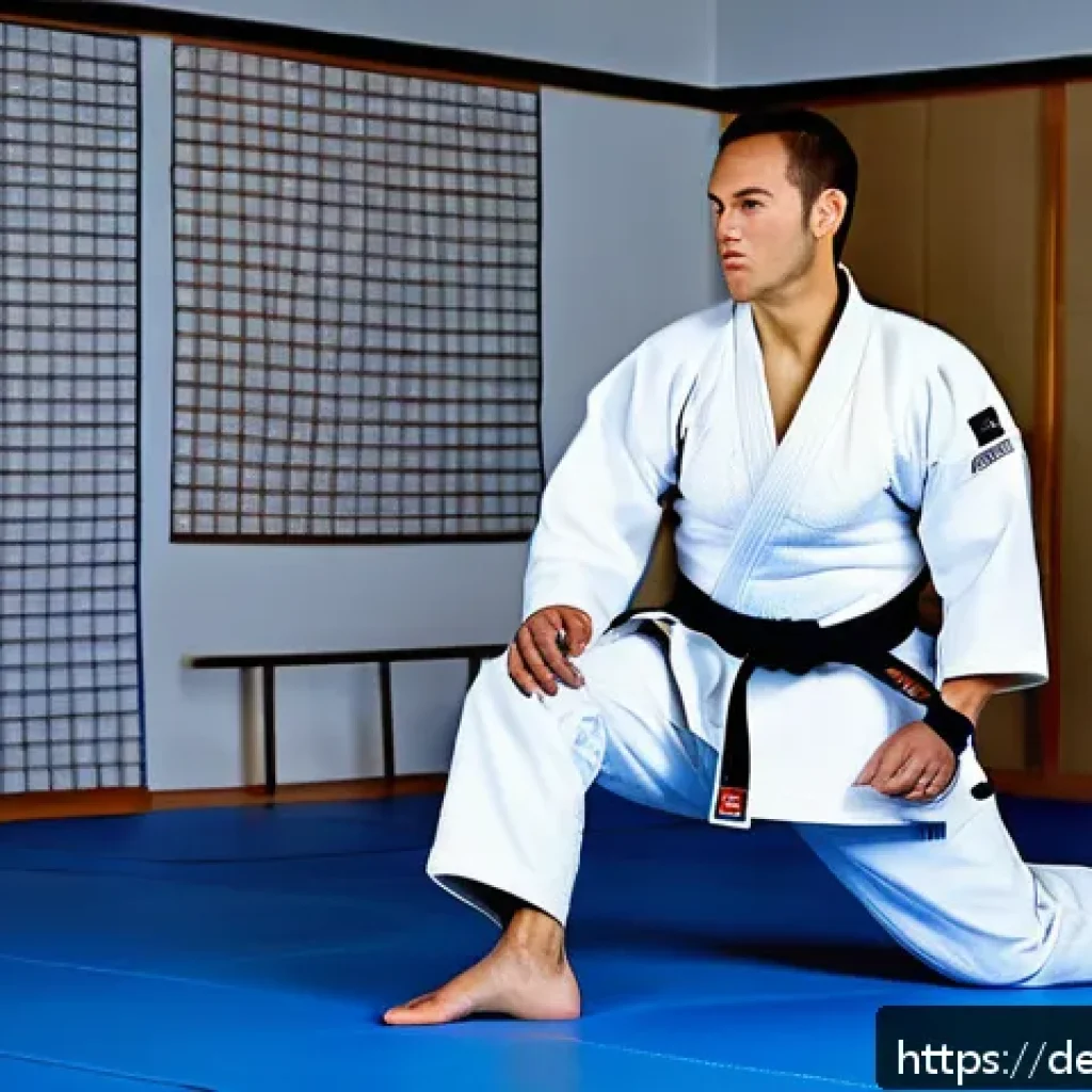 유도 도복 할인 정보 - A dynamic scene of two adult judokas in a bright, modern dojo, both wearing high-quality judo gis ma...