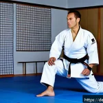 Home 18 유도 도복 할인 정보 - A dynamic scene of two adult judokas in a bright, modern dojo, both wearing high-quality judo gis ma...