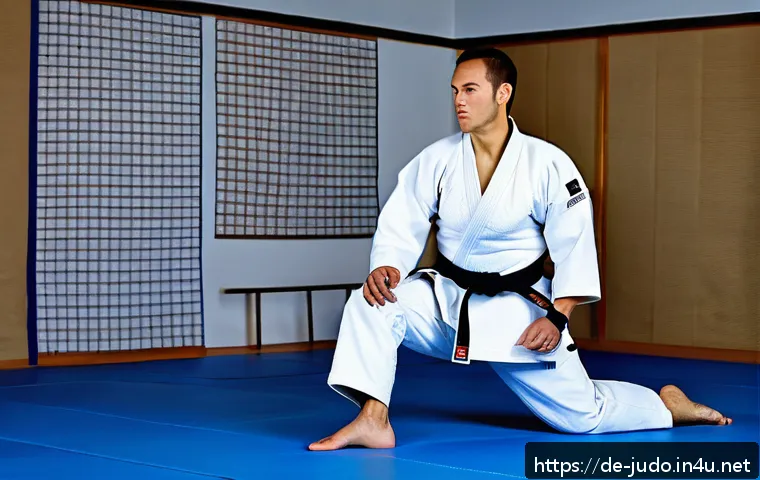 유도 도복 할인 정보 - A dynamic scene of two adult judokas in a bright, modern dojo, both wearing high-quality judo gis ma...