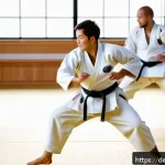 Home 23 유도 훈련 동영상 무료 사이트 - A dynamic scene of two adult judoka practicing a fundamental hip throw (O-Goshi) in a bright, modern...