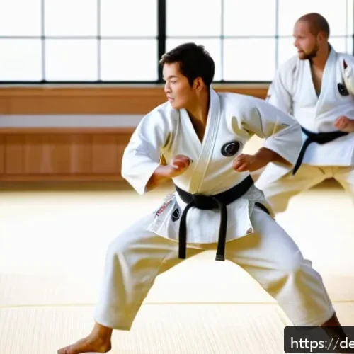 Home 17 유도 훈련 동영상 무료 사이트 - A dynamic scene of two adult judoka practicing a fundamental hip throw (O-Goshi) in a bright, modern...