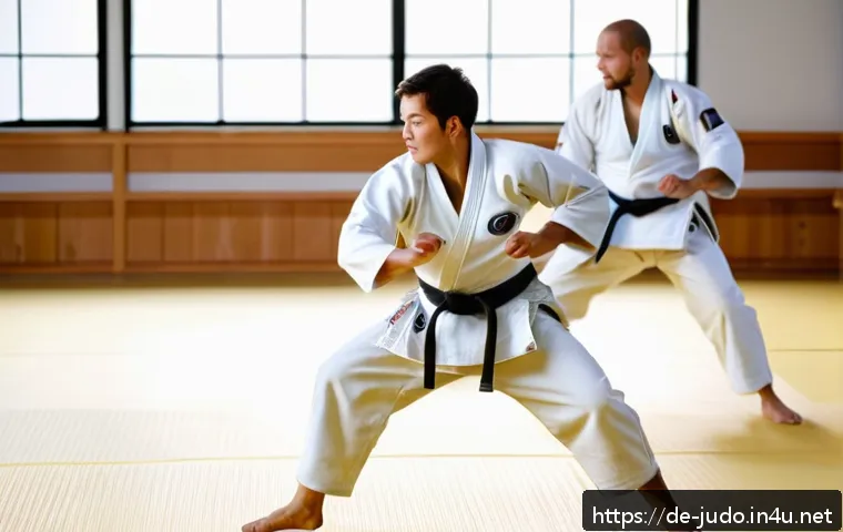 유도 훈련 동영상 무료 사이트 - A dynamic scene of two adult judoka practicing a fundamental hip throw (O-Goshi) in a bright, modern...