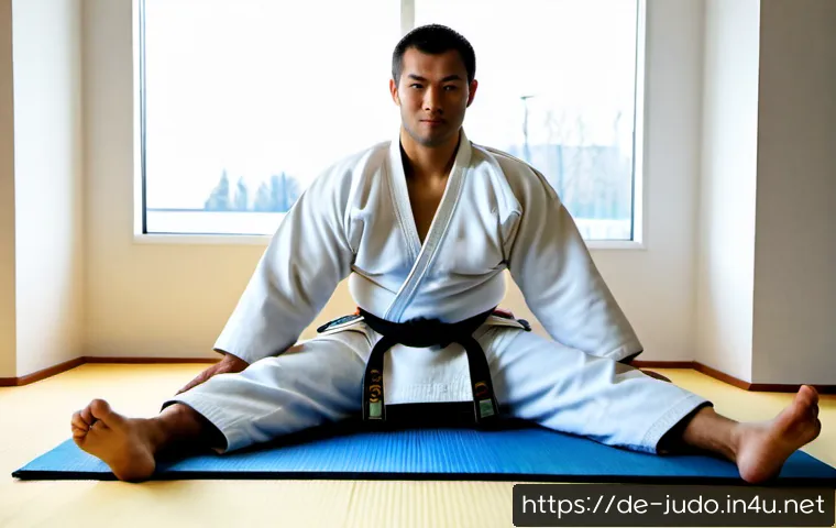 유도 훈련 시 스트레칭 - Photorealistic wide shot of an adult judo athlete in a clean German sports hall performing a seated ...