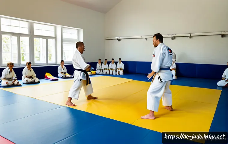 유도 훈련 프로그램 추천 - Photorealistic wide shot of an adult judo training class in a clean German sports hall, diverse men ...