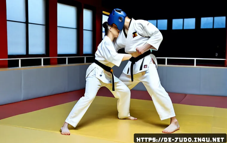 Home 30 유도와 태권도의 차이점 - Photorealistic side-by-side martial arts comparison in a bright modern German sports hall: on the le...