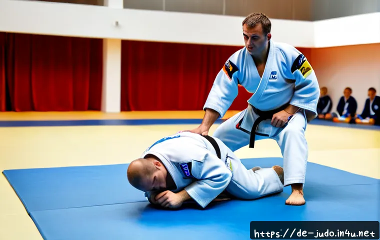 유도 경기 중 실수 대처법 - Photorealistic German judo tournament moment in a bright modern sports hall, adult judoka in clean w...