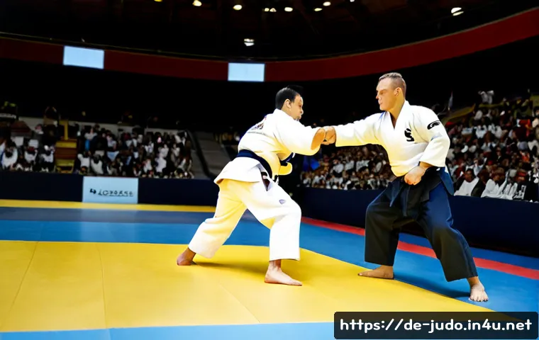 Home 17 유도 국제 대회 규칙 - Photorealistic international judo competition in a modern German sports arena, two adult athletes in...